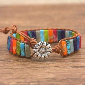 BOHO MULTI COLORED NATURAL STONE & LEATHER BRACELET